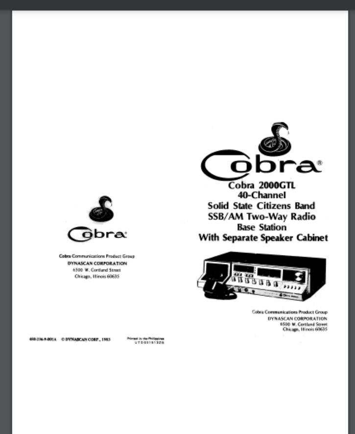 Cobra 2000 GTL 40 channel 2 way Radio User Manual 15 pages comb bound