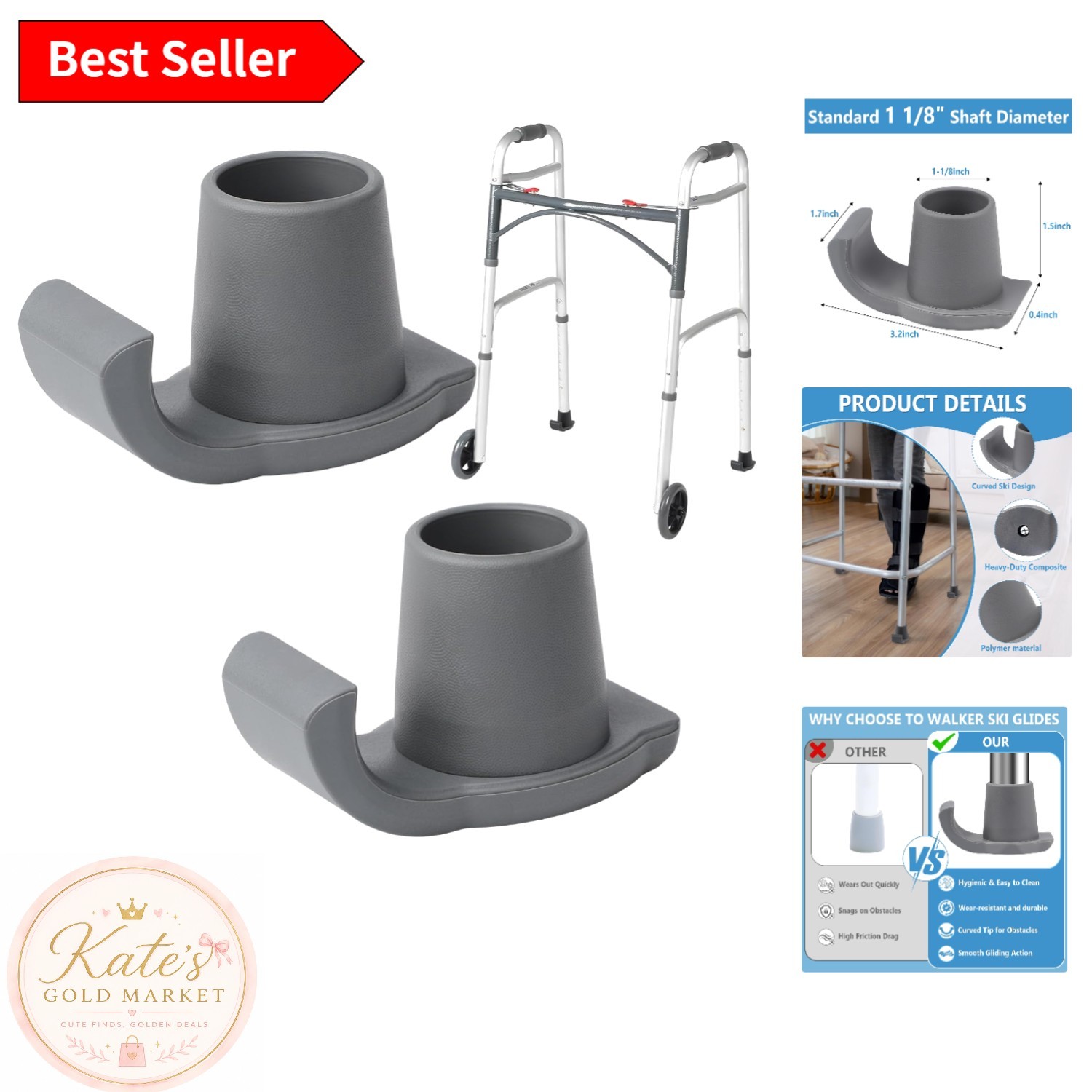 Heavy-Duty Walker Ski Glides - 2 Pcs for 1-1/8 Inch Tubes with Hassle-Free Setup