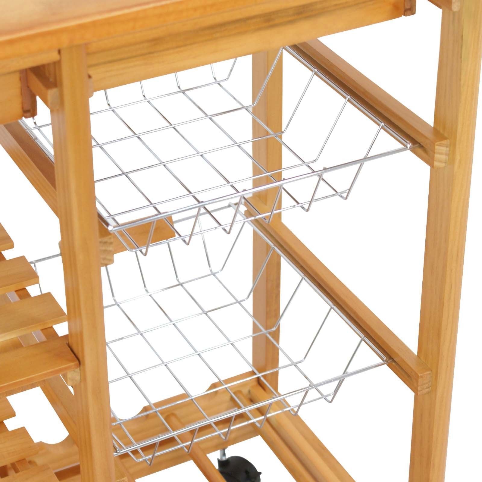 Durable Bamboo Rolling Kitchen Storage Cart Trolley wi/ Storage Drawers Baskets