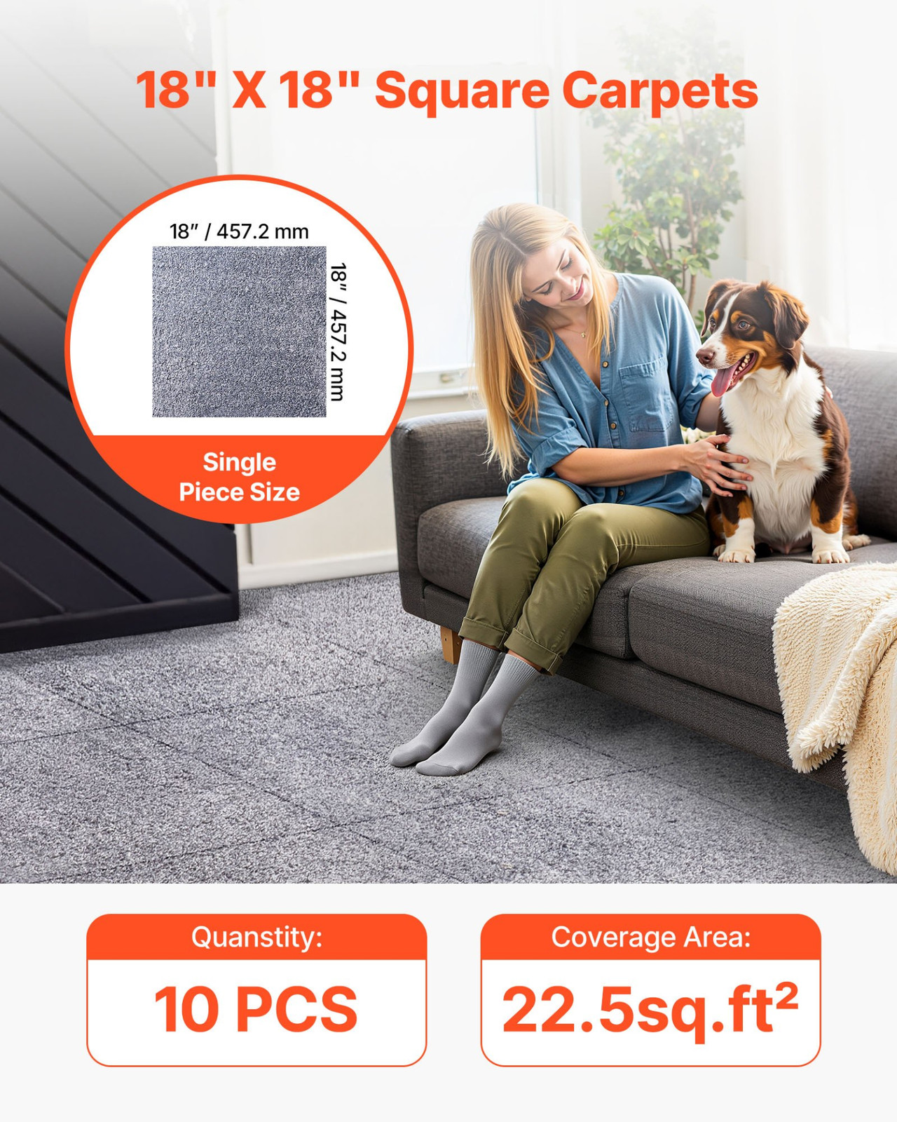 VEVOR 10-Pack 18x18 Inch Peel & Stick Carpet Tiles, 0.47" Thick, Gray
