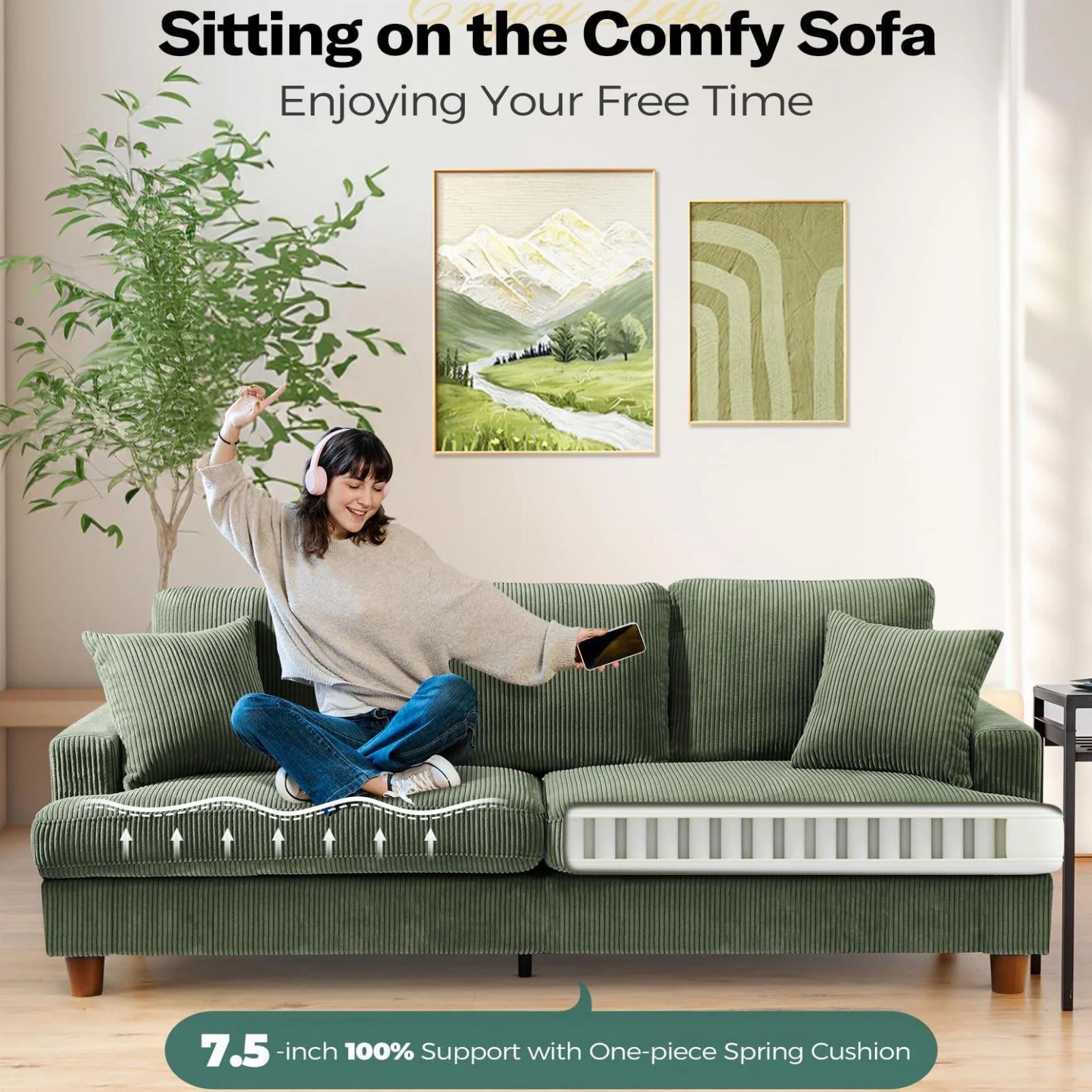 3 Seater Sofa Extra Deep Seats Corduroy Upholstered Couch For Living Room