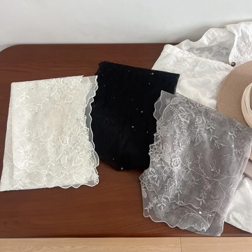 Casual Retro Women's Lace Scarf Long Korean Version Sunscreen Shawl Pearl embell