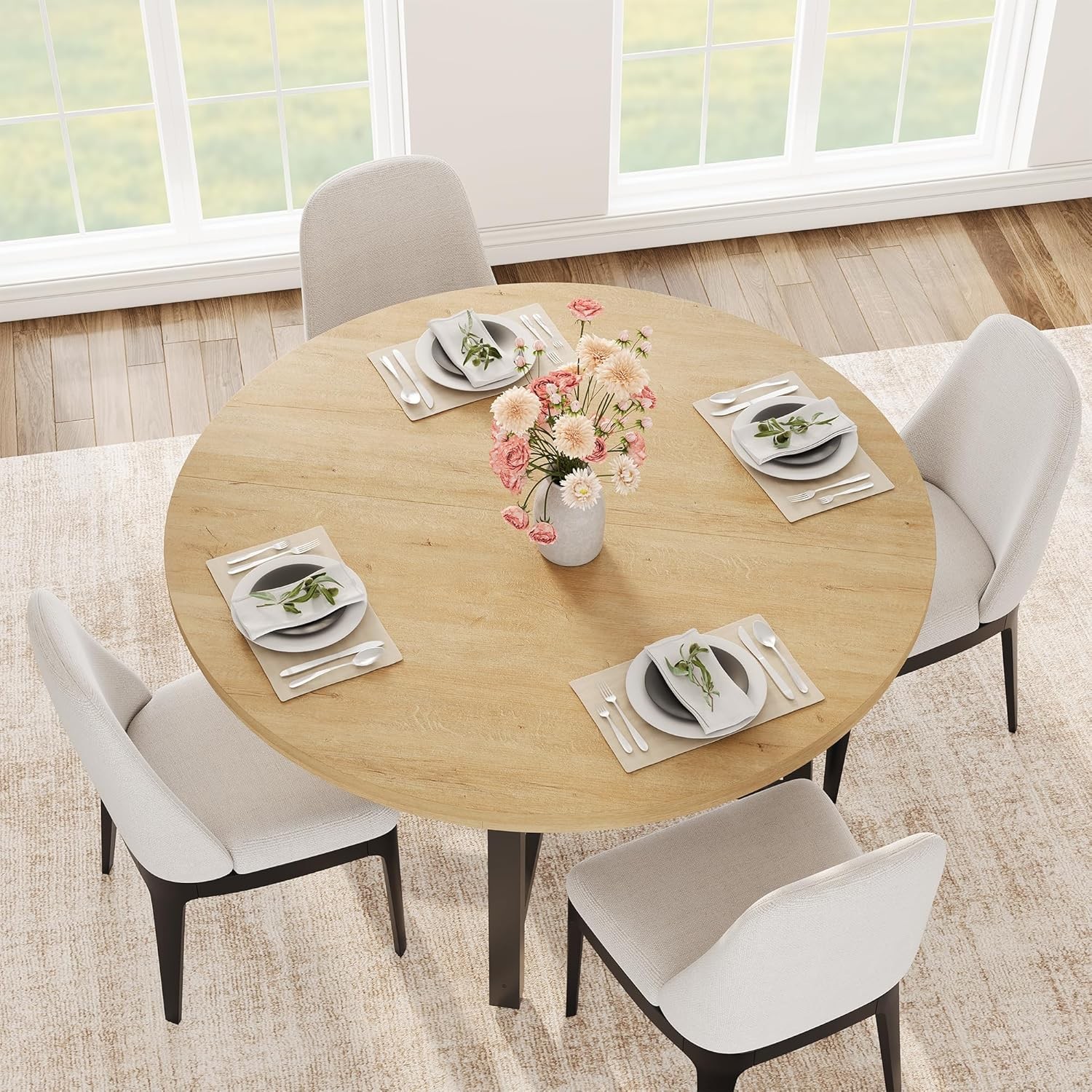 47" Round Dining Table for 4, Kitchen Dining Room Table with Sturdy Metal Frame,