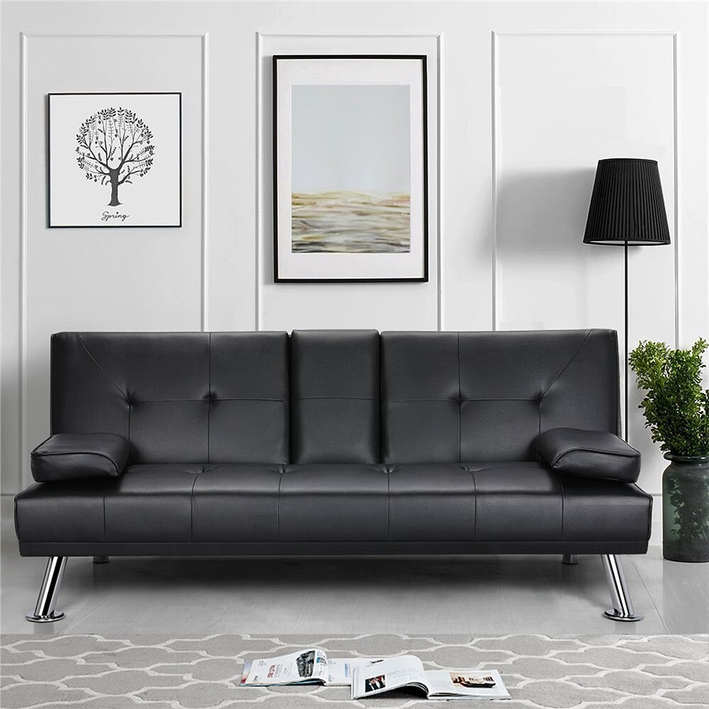 Faux Leather Sofa Bed Convertible Futon Sofa with 2 Throw Pillows Cup Holders