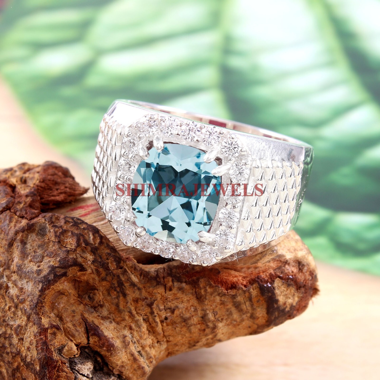 Natural Blue Topaz Gemstone with 18K White Gold Plated Silver Men's Ring #335