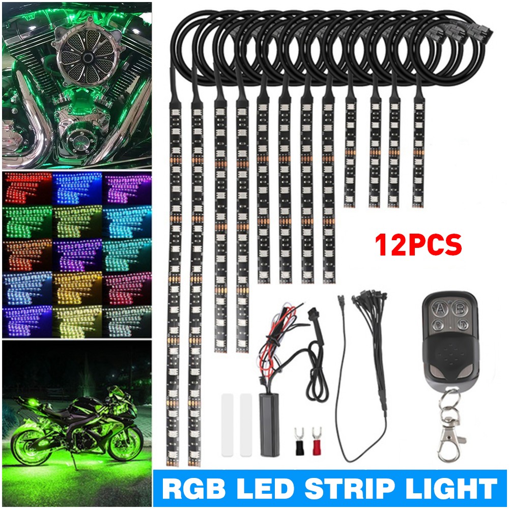 12Pcs Motorcycle RGB 120LED Waterproof Under Glow Lights Strip Neon Kit + Remote