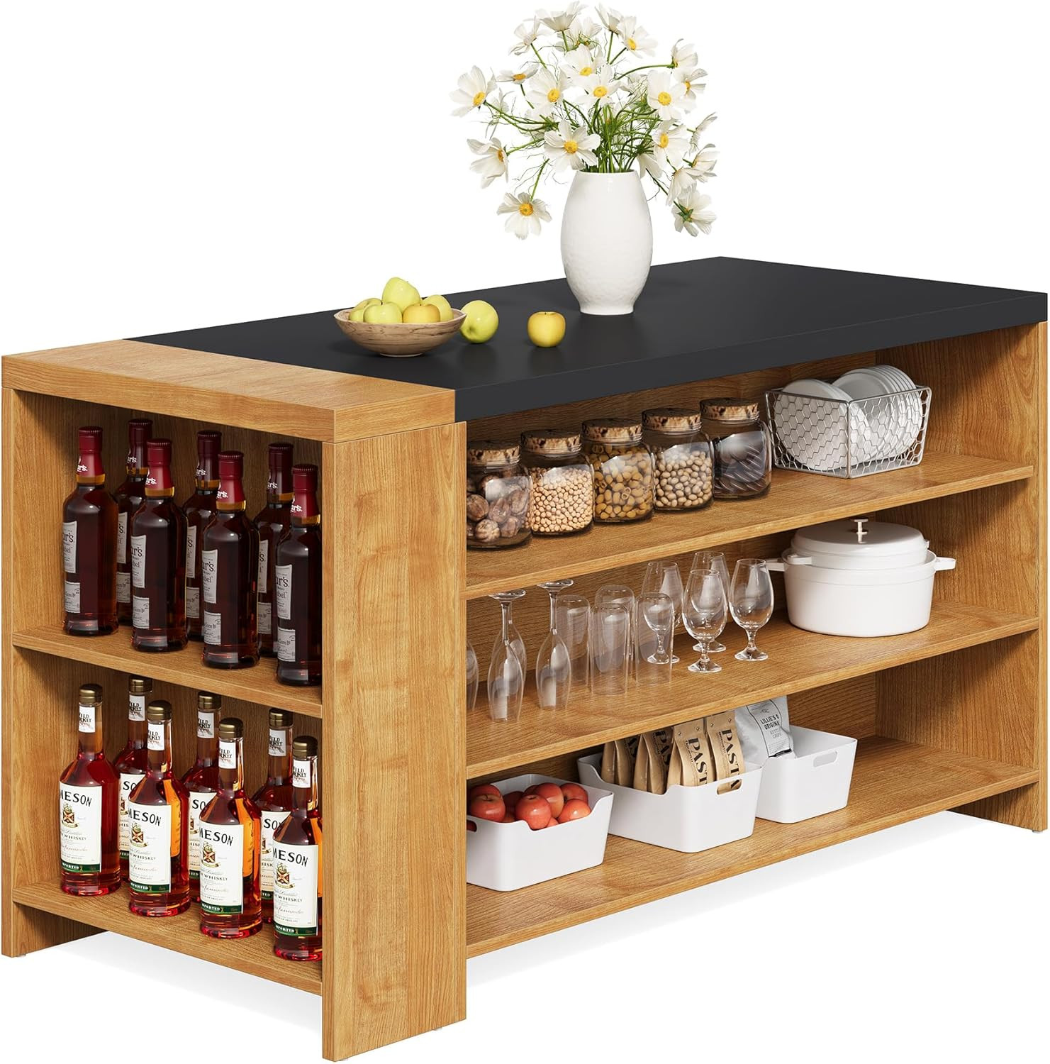 Modern 55" Kitchen Island with Storage & Large Worktop - Oak Finish