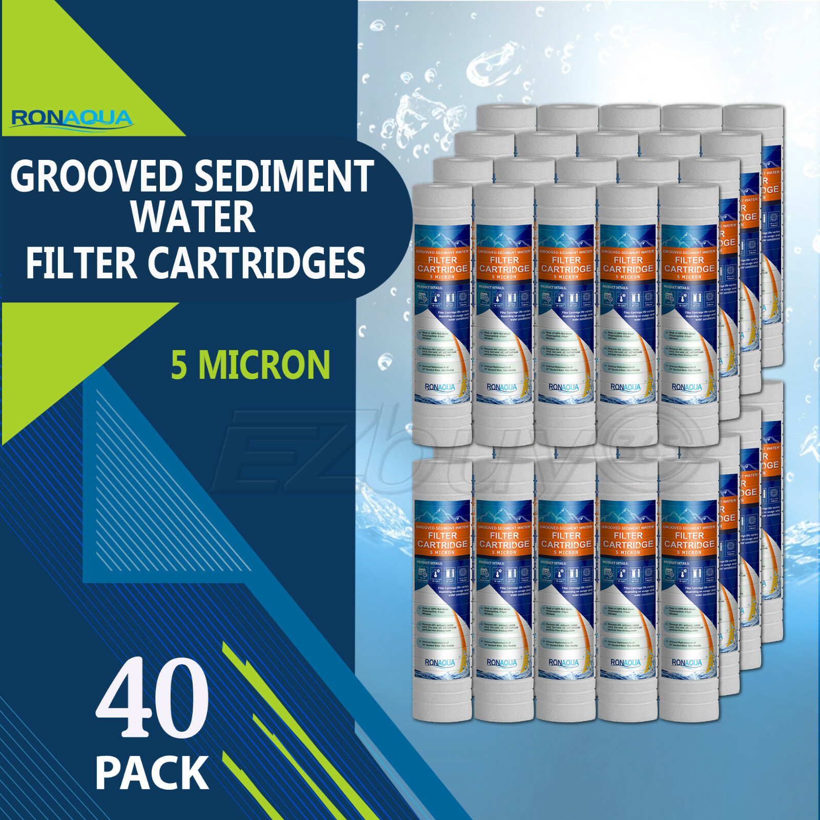 40 Pack Grooved Sediment 5 Micron Water Filters Cartridge 2.5" x 10"