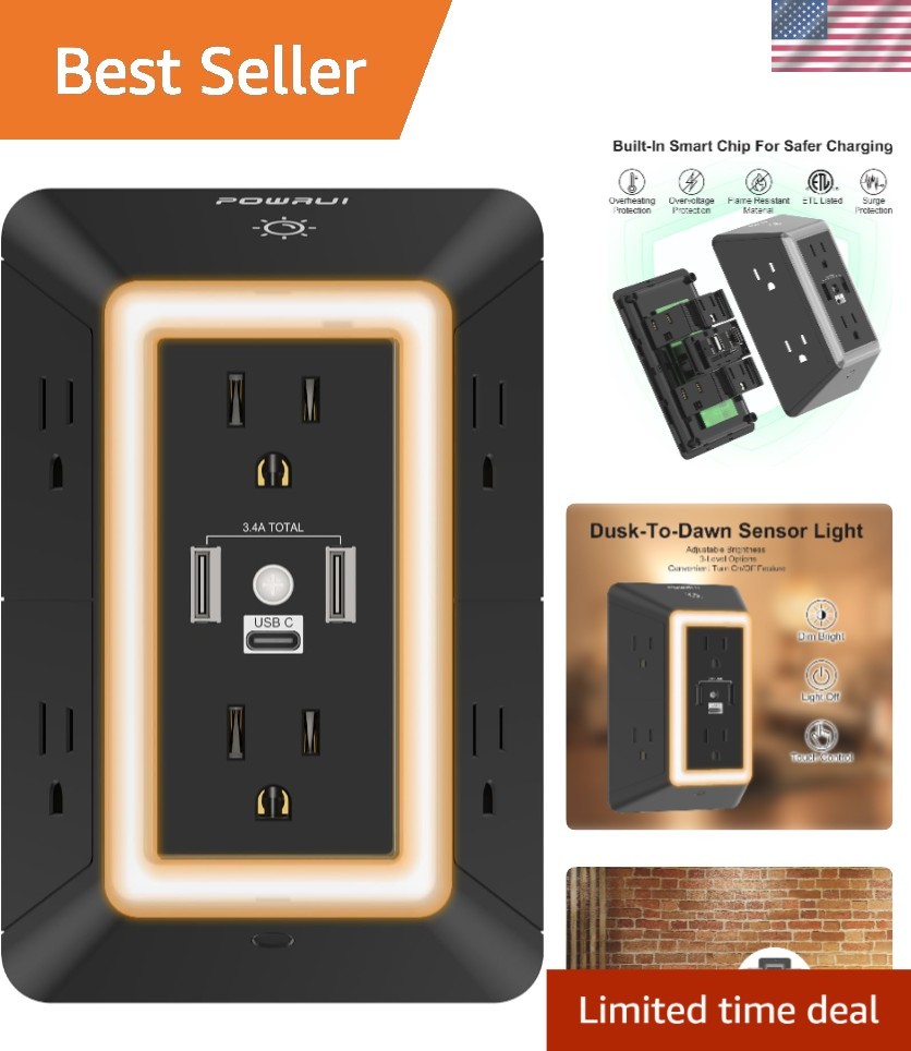 Compact Power Strip with 6 Outlets, 3 USB Fast Charging, and Ambient Night Light