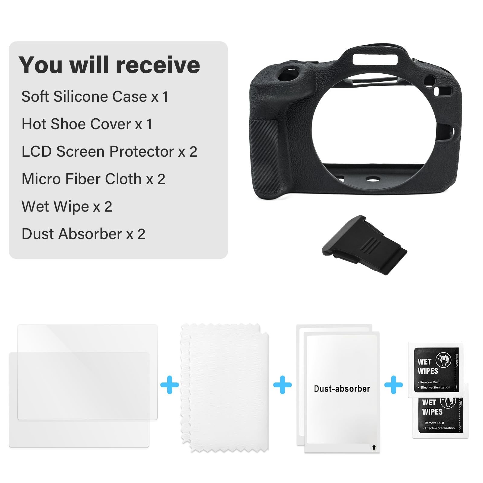 Camera Accessories Kit for EOS R100 - Silicone Case, LCD Protector (2 Pack), Hot