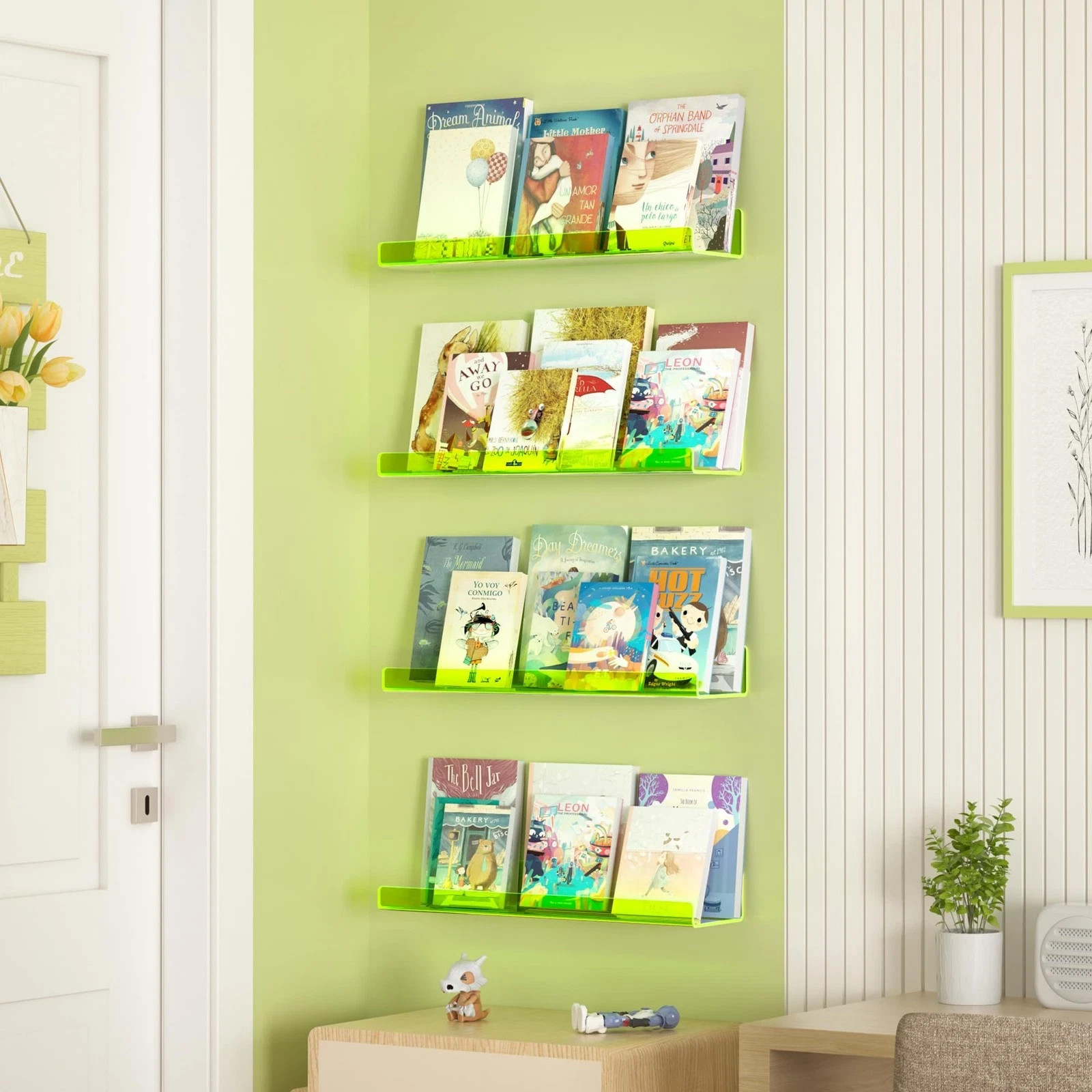 Acrylic Wall Display Shelves 15in Organizer, Clear Fluorescent Green, 4-Pack