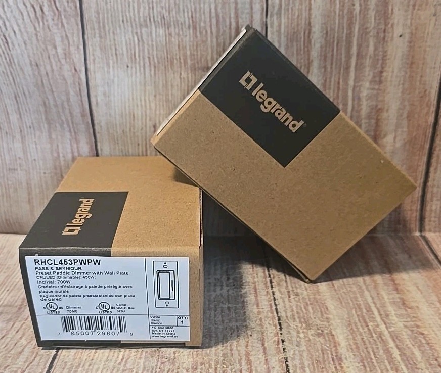 "SET OF TWO"  Legrand Radiant 450W Rocker Dimmer & Wall Plate LED&Halogen, WHITE