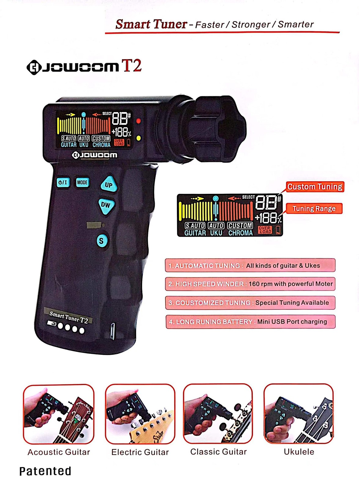 T2 Smart Guitar Tuner & Automatic Peg String Winder 2-in-1 Multi-functional S...