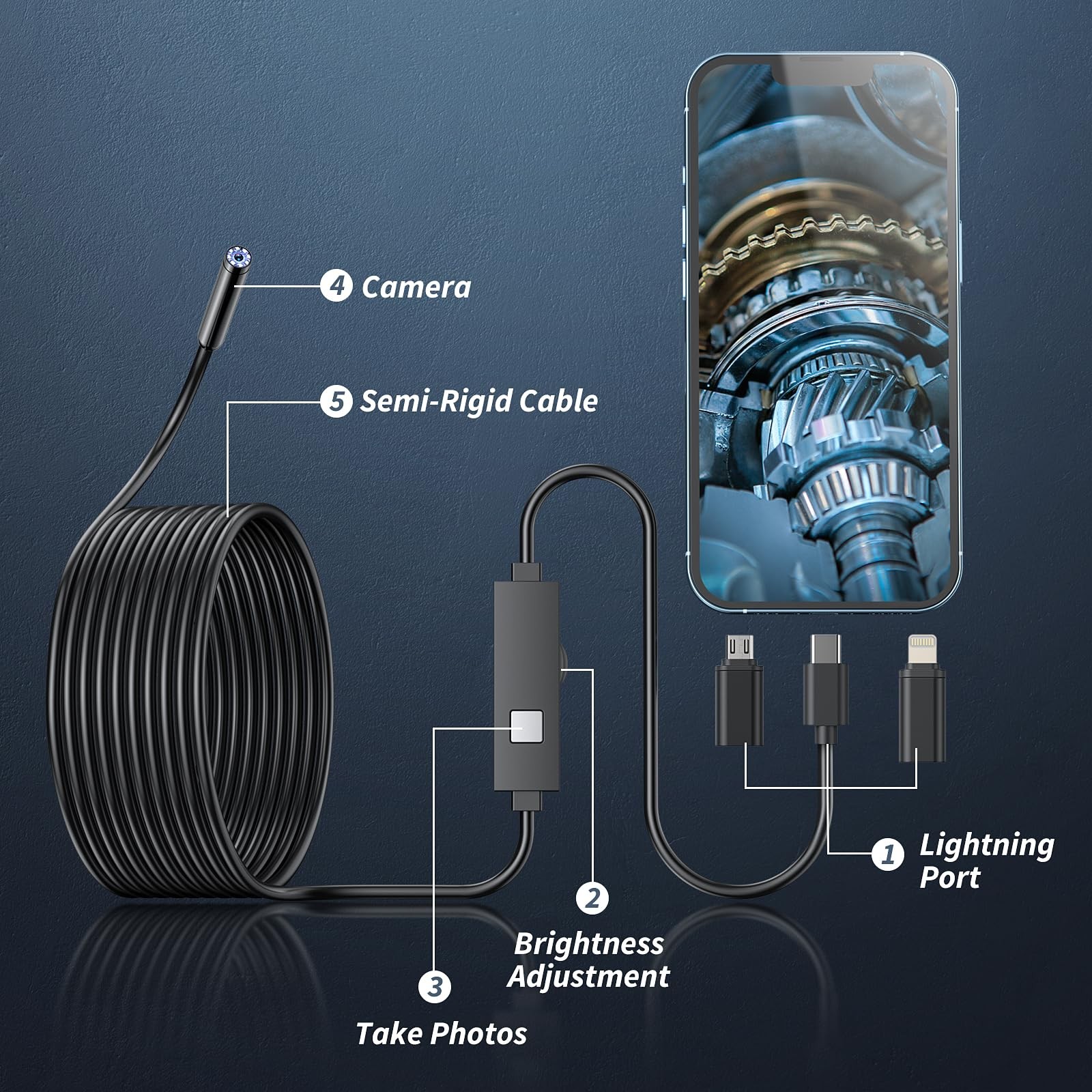 Endoscope Camera with Light, 1920P HD Borescope Tools with 8 Adjustable LED