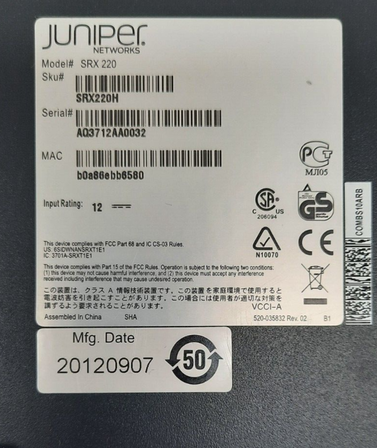 Juniper SRX220H2 Gateway w/ AC Adapter