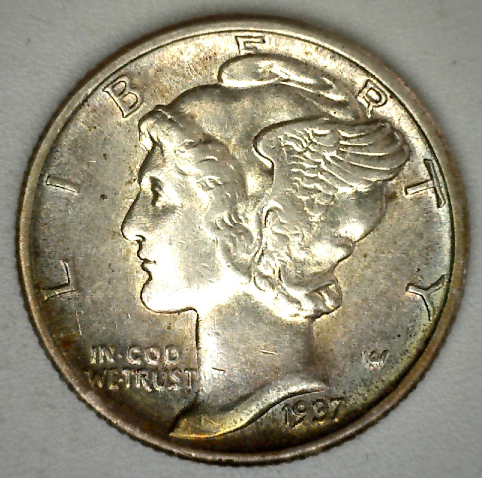1937 Mercury Silver Dime Uncirculated 10c Lightly Toned US 10 Cents