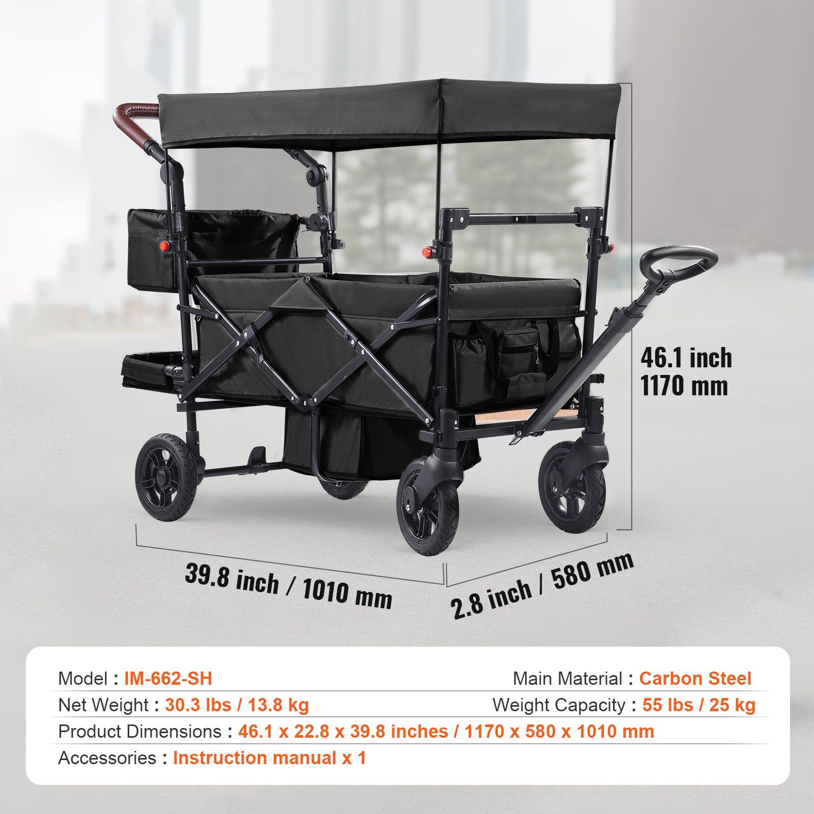 Wagon Stroller for 2 Kids, Push Pull Quad Collapsible Stroller/ Adjustable