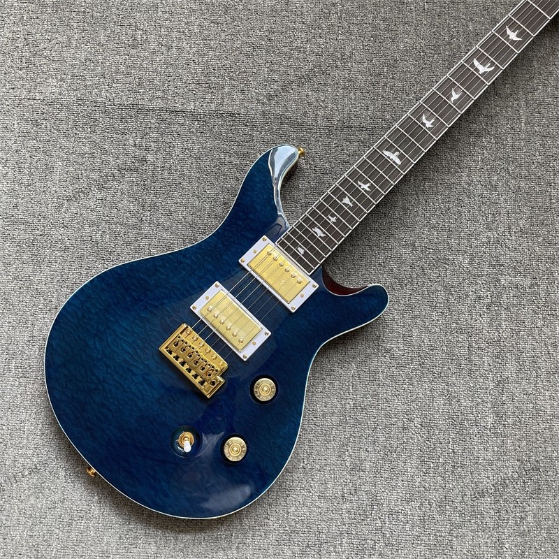 Solid Electric Guitar Quilted Maple Top Gold Hardware Bird Inlay Blue Fast Ship
