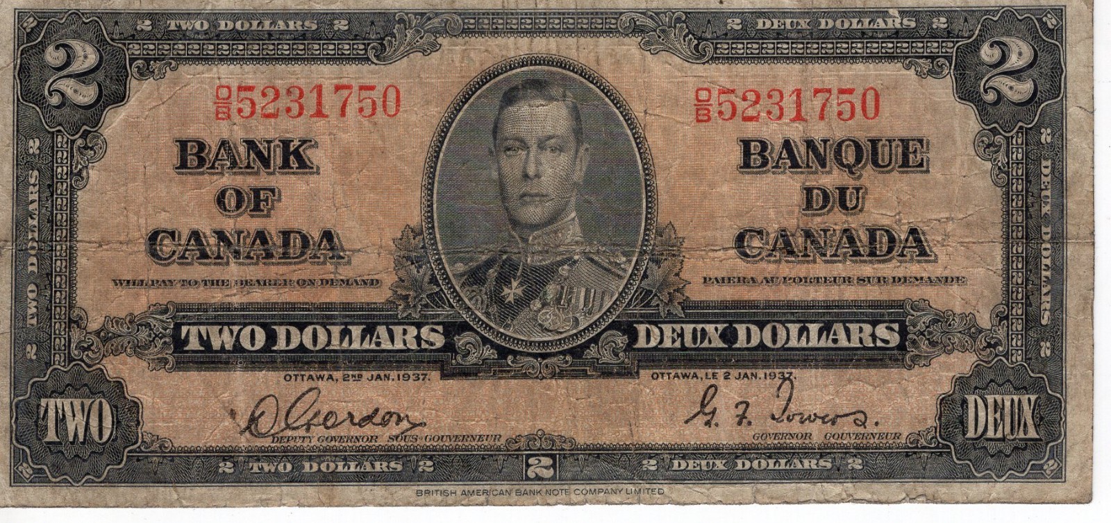 Bank of Canada 1937 $2 Two Dollars Gordon-Towers O/B Prefix VG/F