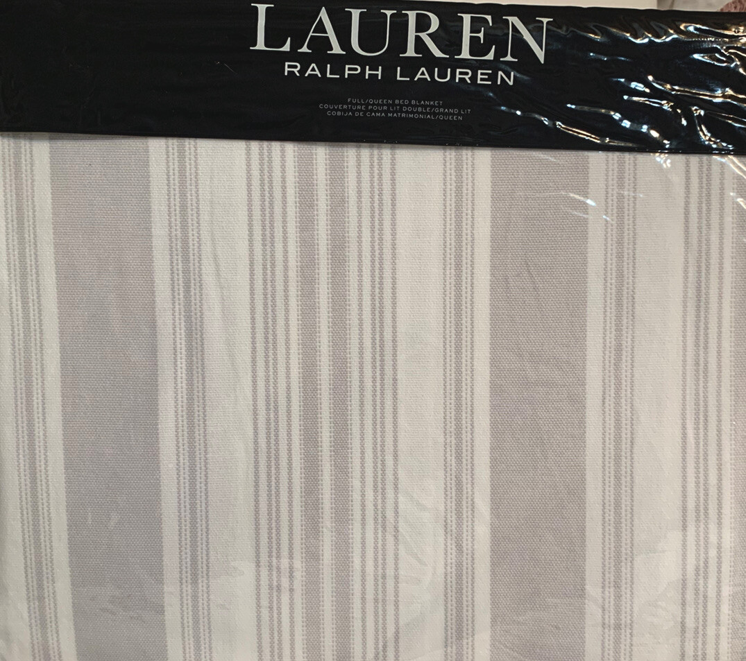 Ralph Lauren Carolyne Ticking Stripe Blanket Full/Queen White & Gray NWT