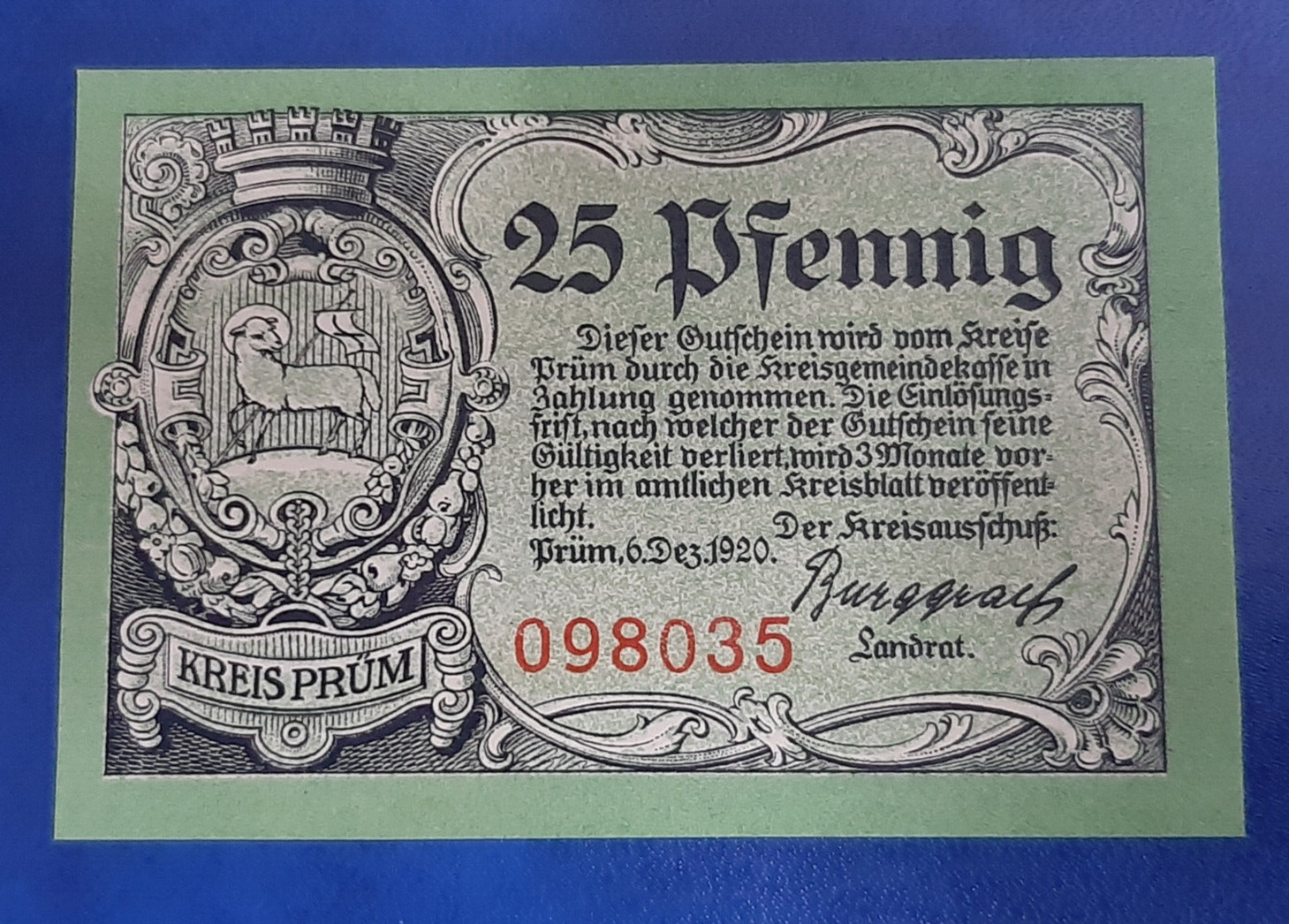 PRÜM NOTGELD 25 PFENNIG 1920 EMERGENCY MONEY GERMANY BANKNOTE (20561)