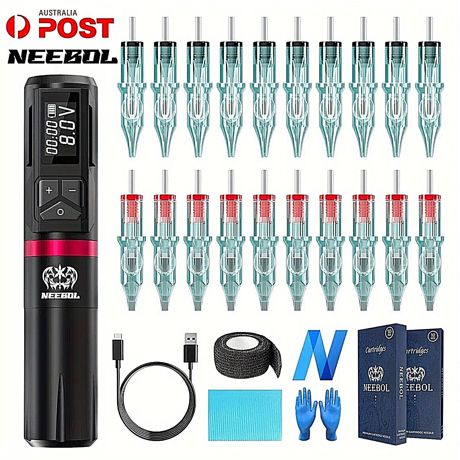 NEEBOL Tattoo Machine Kit Pen Gun Wireless Rotary Motor Needle Battery LCD Set