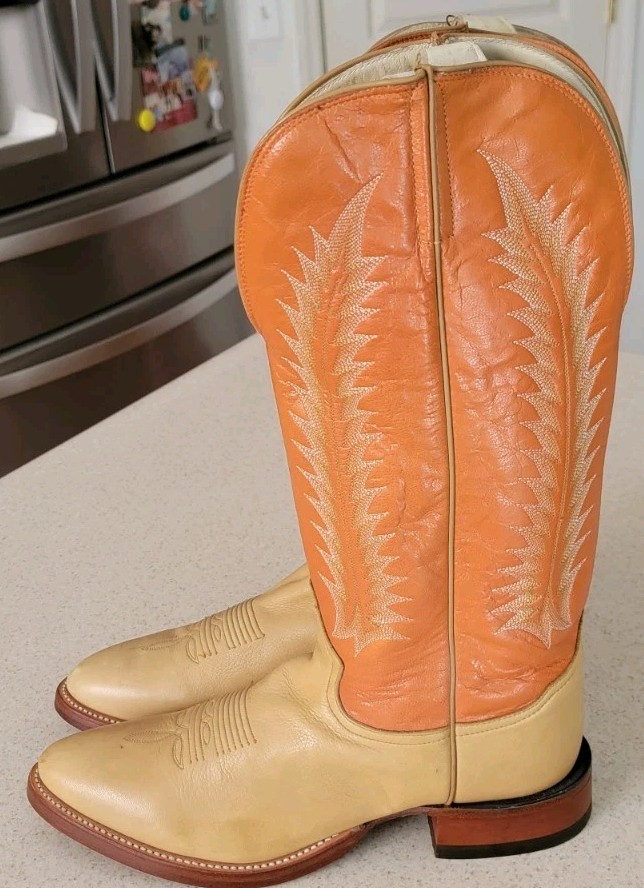 Tony Lama Men's Orange/ Tan  Tan Western Cowboy Boots With Pull Strap Mens 11.5A