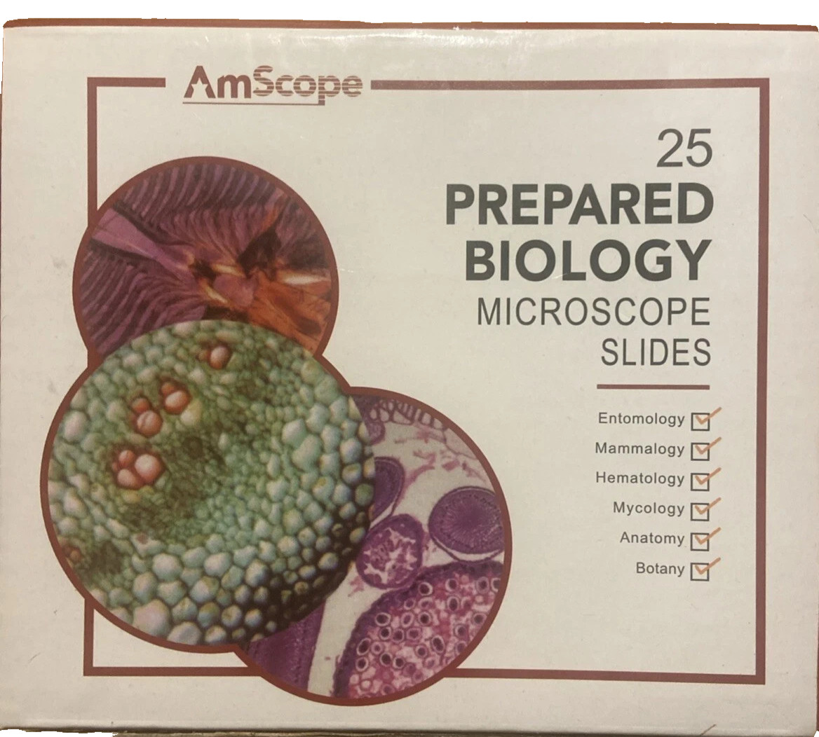 Amscope 25 Prepared Biology Microscope Slides w/ Hard Wood Slide Case-NIOB