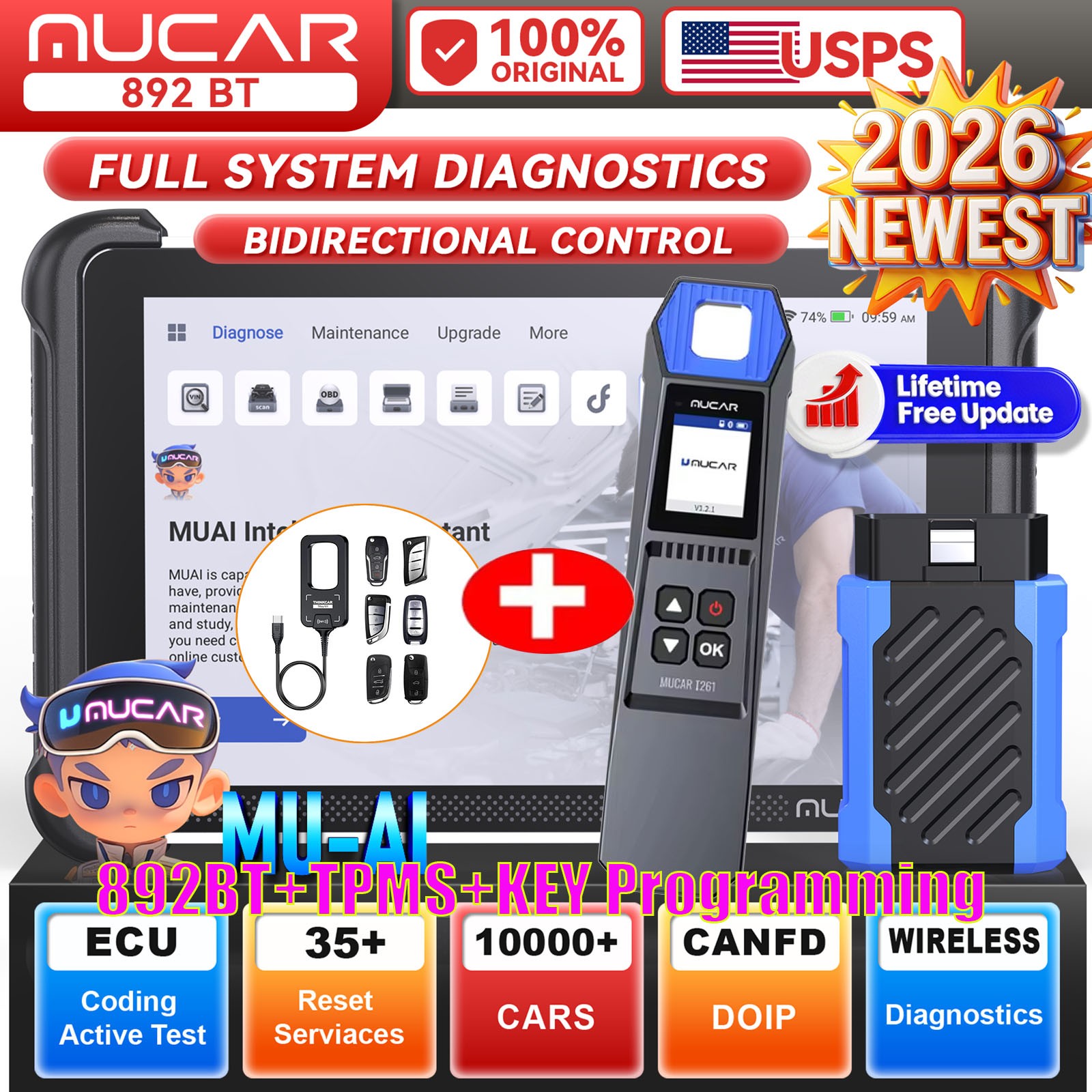 2026 MUCAR 892BT+TKEY101+TPMS Programming Car Diagnostic Tool KEY Coding LifeFre