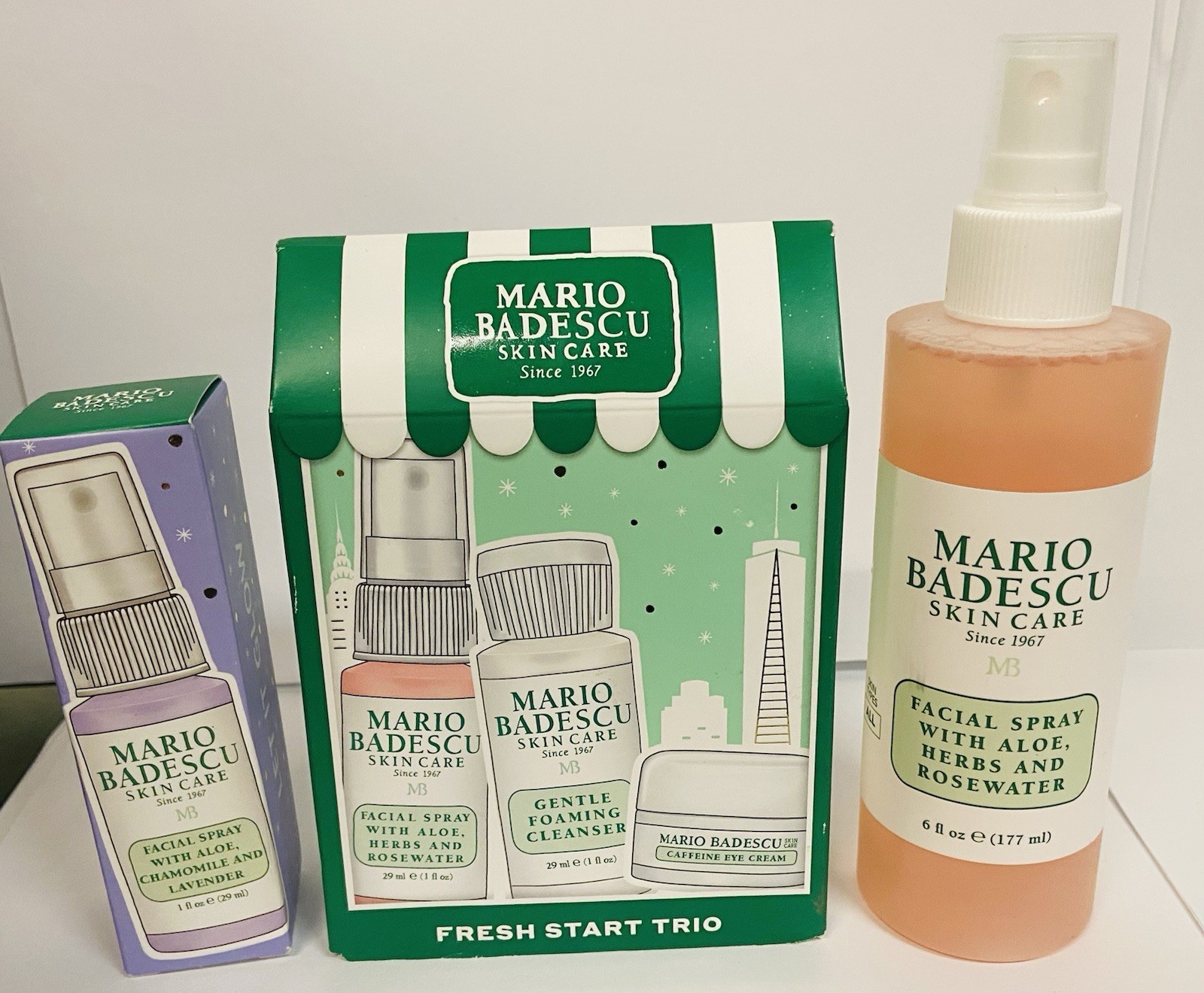 Mario Badescu Lot Fresh Start Trio & Facial Spray W/ Aloe & Travel Mini Spray