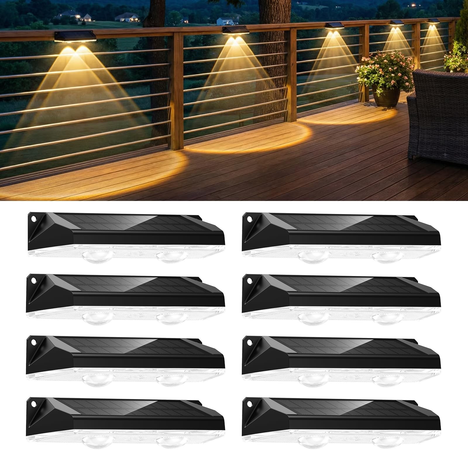 Brightown 8 Pack Solar-Fence-Lights-Outdoor, IP65 Waterproof 8 Pack, RGBCW