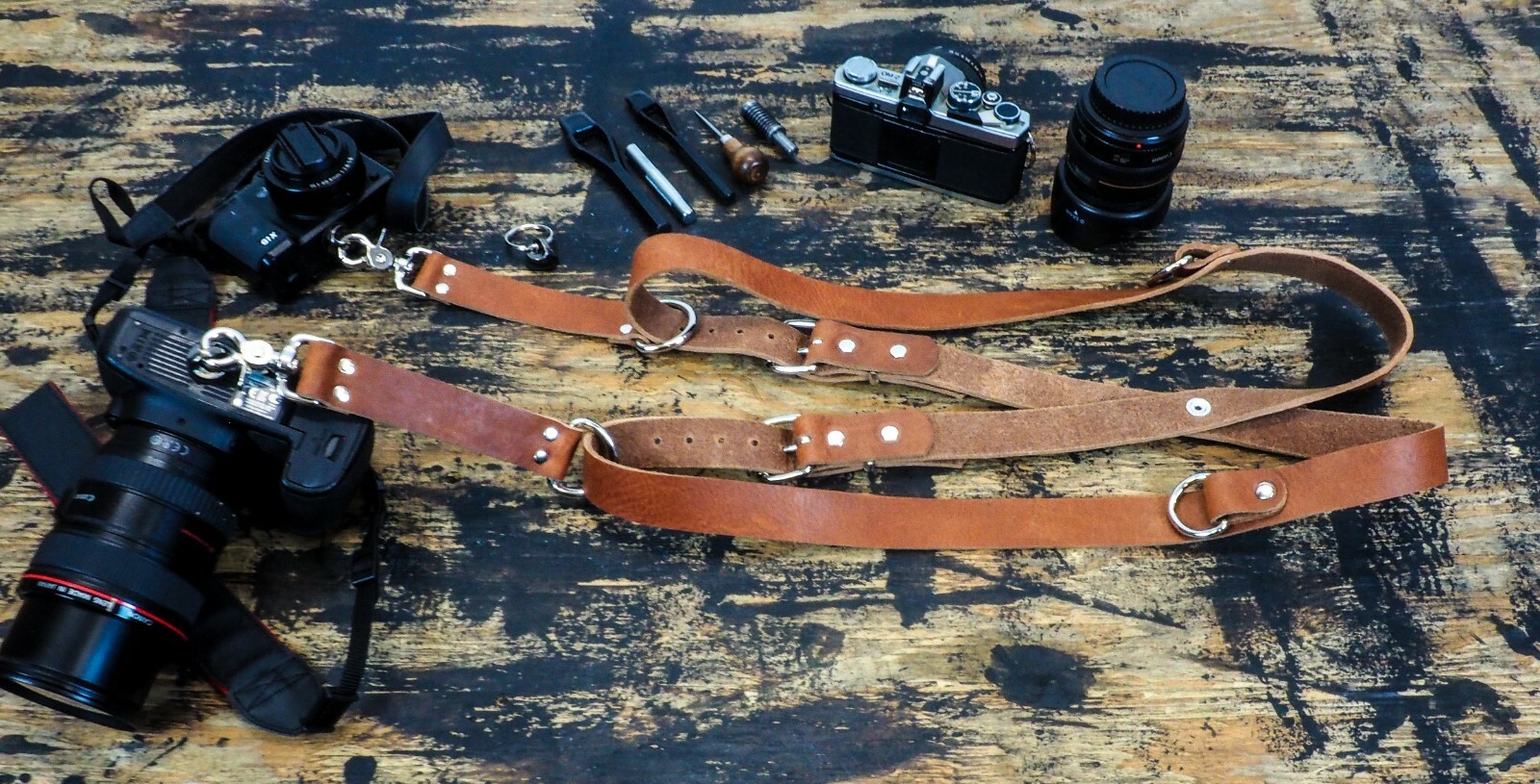 Leather Dual Harness Shoulder Strap Two Camera Adjustable Size Tan Saddle USA