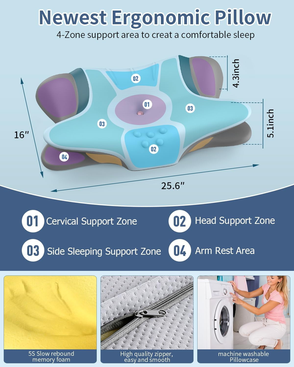 Cervical Neck Pillow for Pain Relief - Ergonomic Side Sleeper Pillow for Neck Su