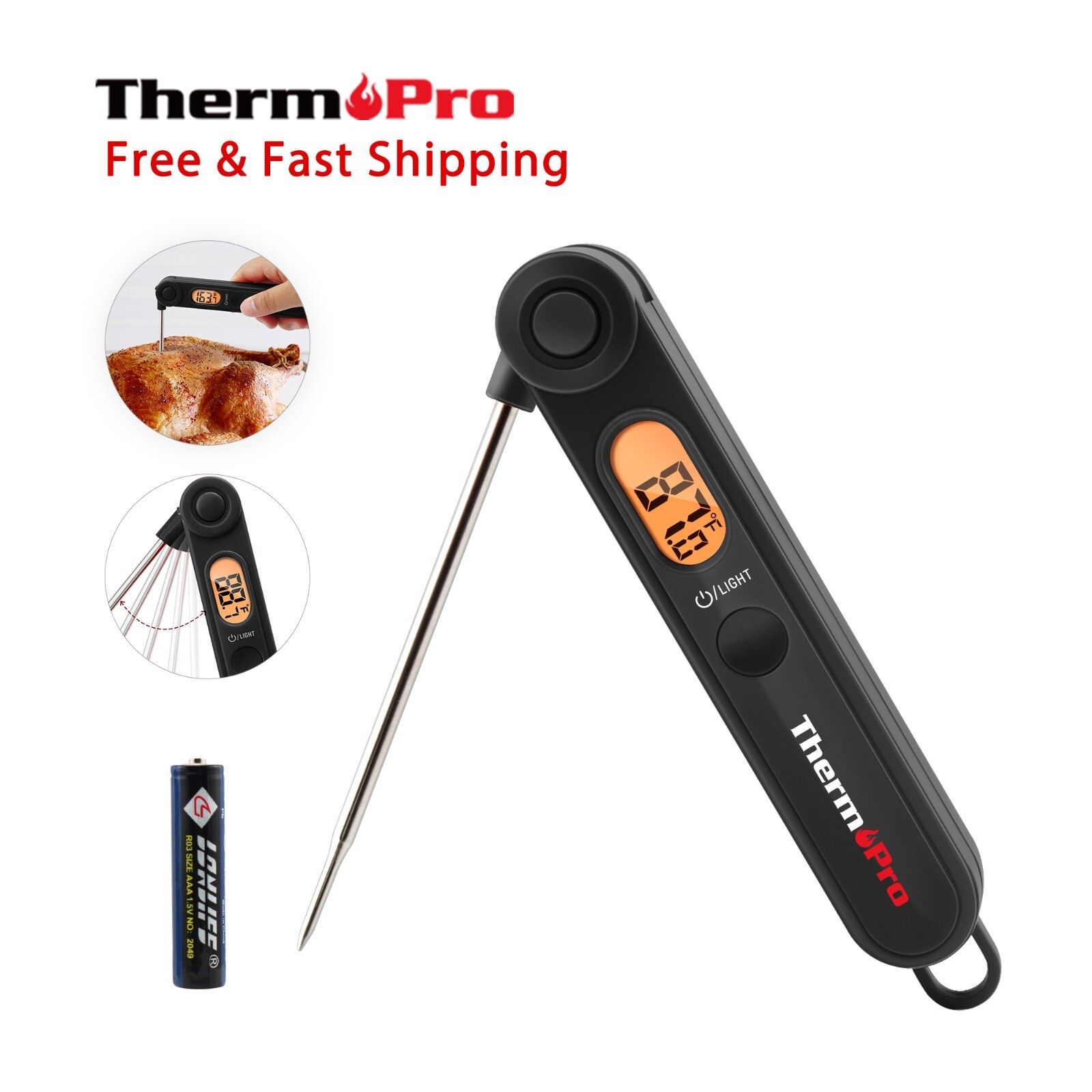 TempPro TP03BW Instant Read Digital Meat Thermometer For BBQ Grill Cooking LCD