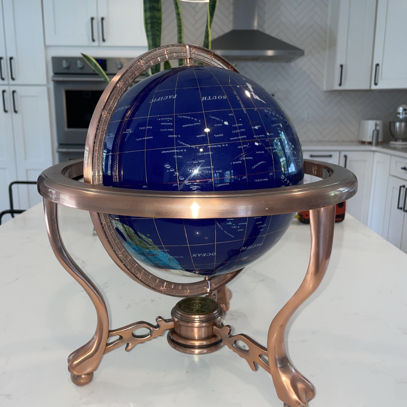 Precious Stone Inlaid World Globe Copper Stand Compass 14" Tall SEE DESCRIPTION