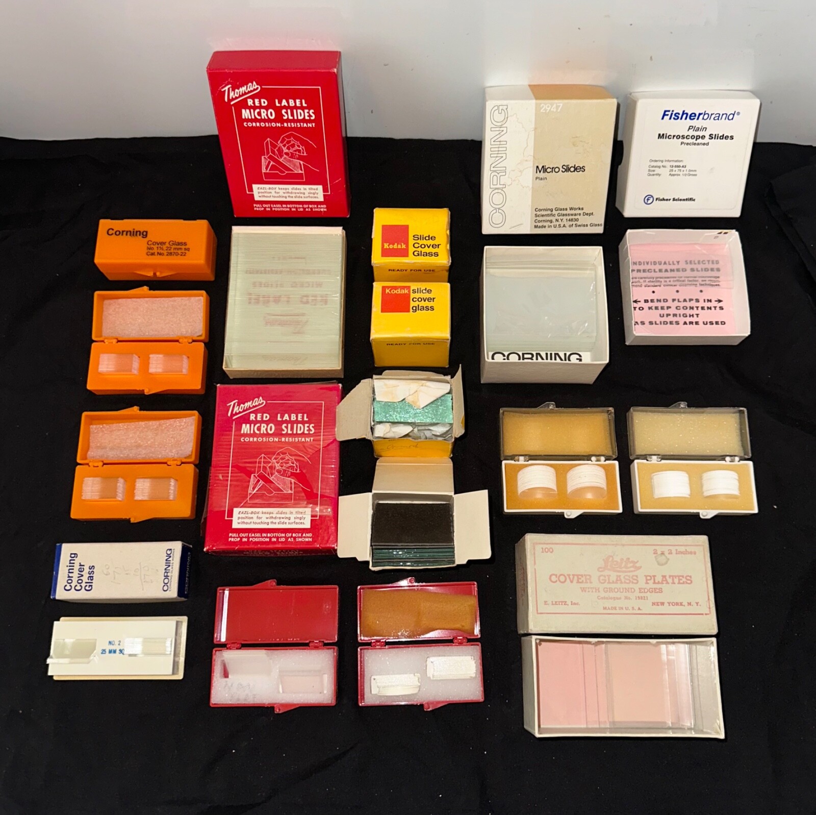 Lot of 17 Boxes Lab Cover Glass Corning 2870-22, Thomas, Kodak, Fisher, & Leitz