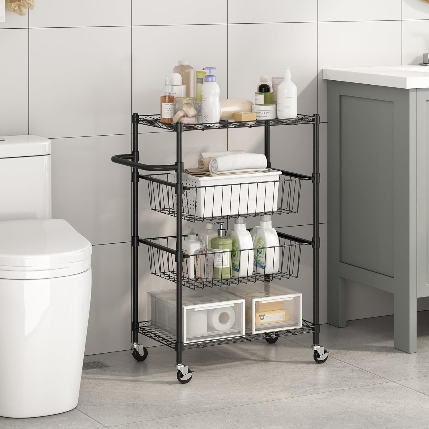 4-Tier Kitchen Cart Rolling Storage Utility Cart w/ Handle & 2 Removable Baskets