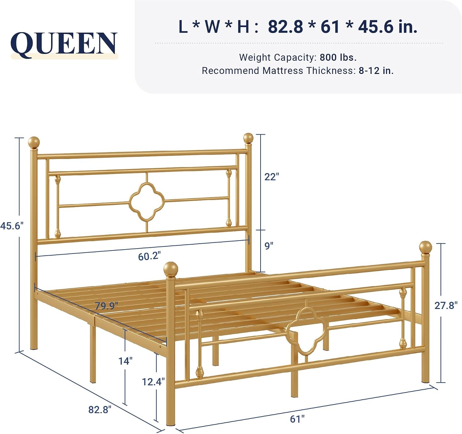 Queen Size Metal Platform Bed Frame Victorian Headboard Gold | Heavy Duty Metal