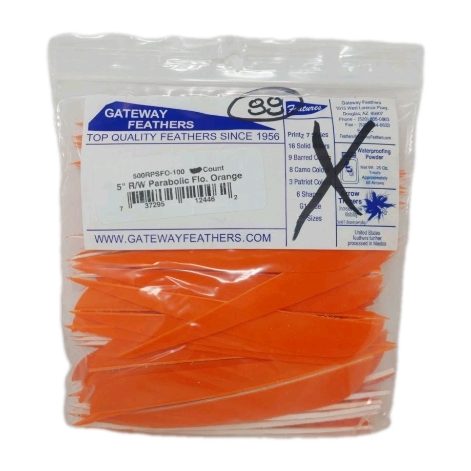 88 Count Gateway Feathers 5" Right Wing: Parabolic Fluorescent Orange 500RPSFO