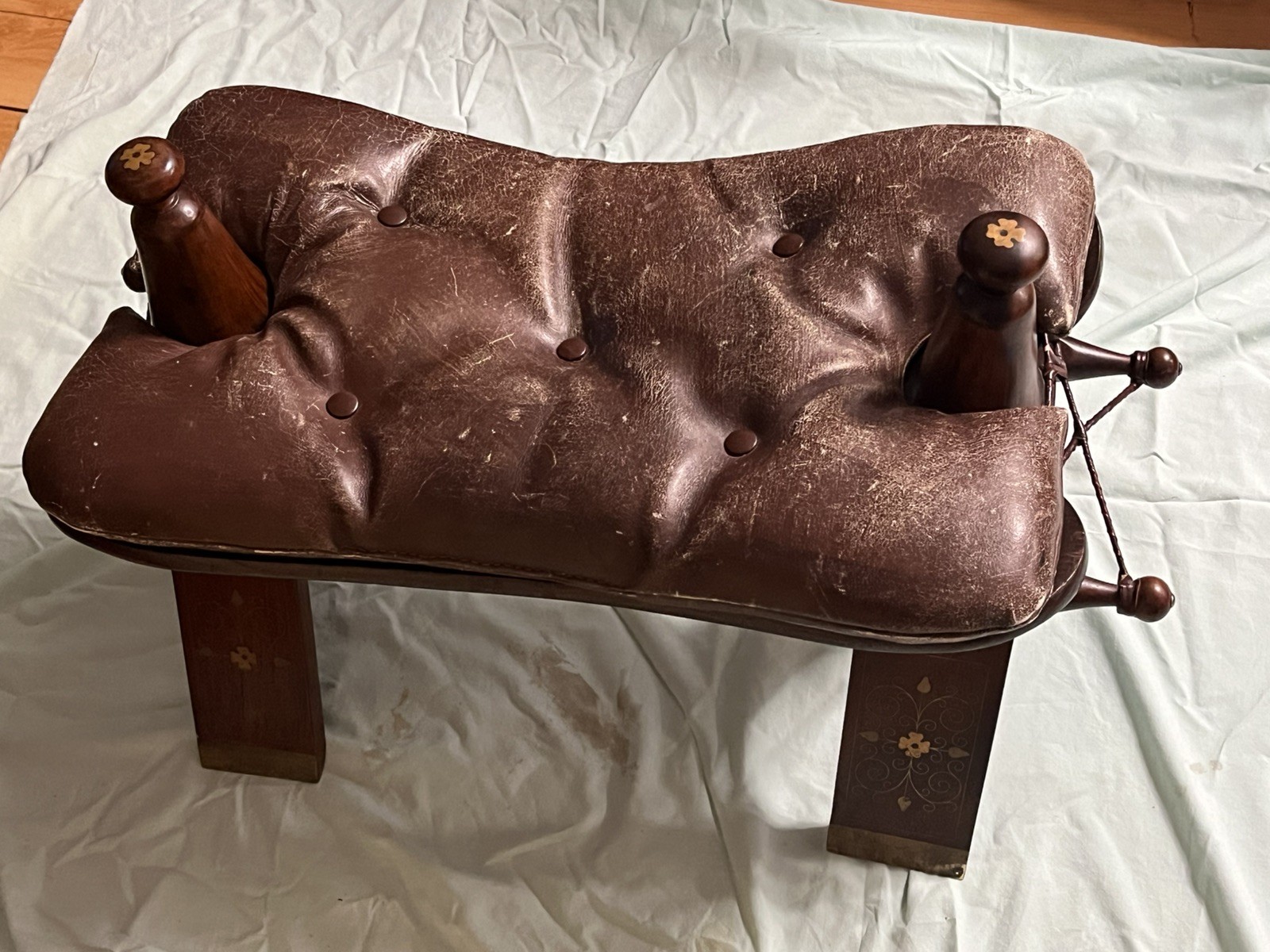 Moroccan Tuareg Brass Inlaid Wooden Camel Stool/ Bench Saddle Ottoman 1950s