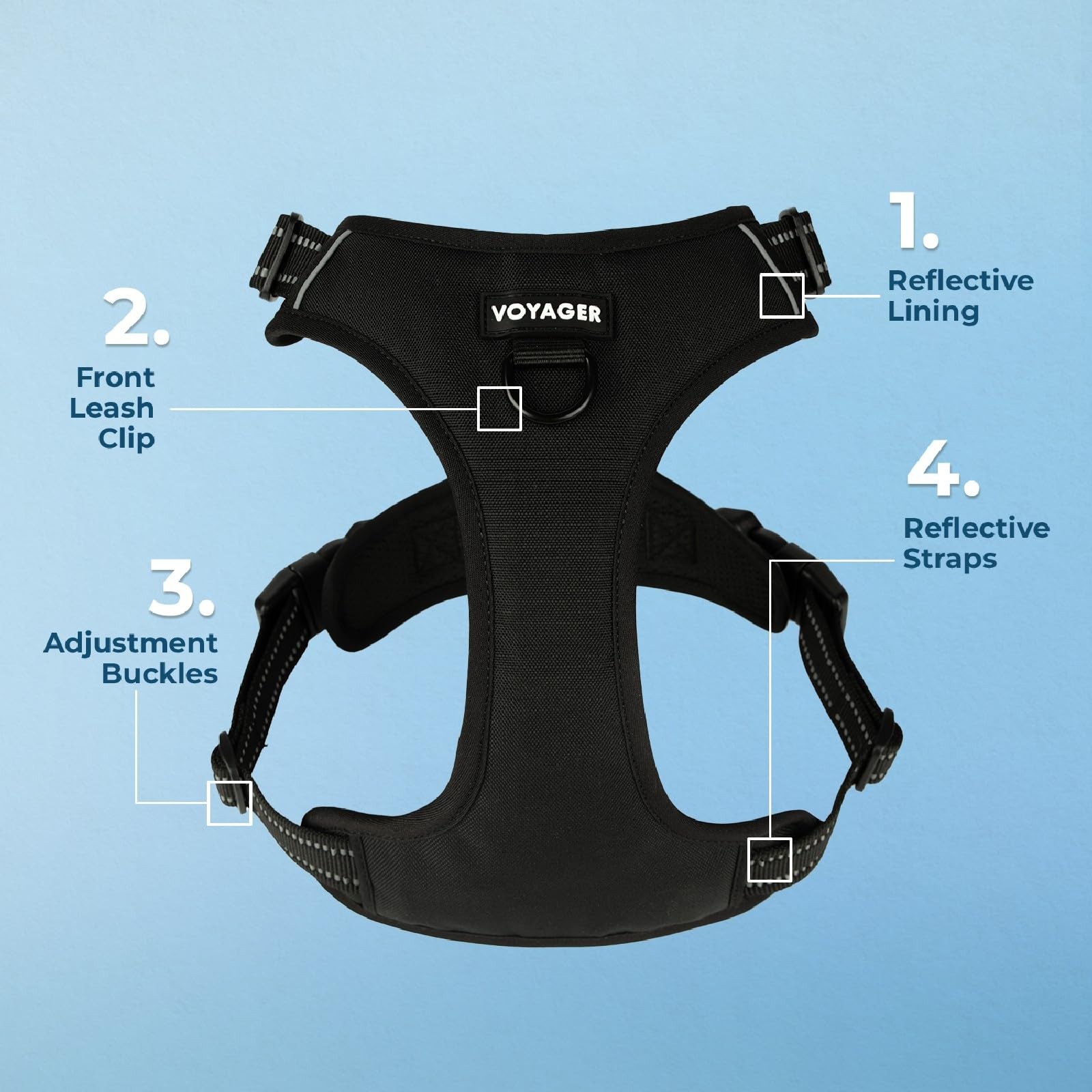 Dog Harness Medium No Pull Adjustable Reflective Black Nylon Pack 20-25 Voyager