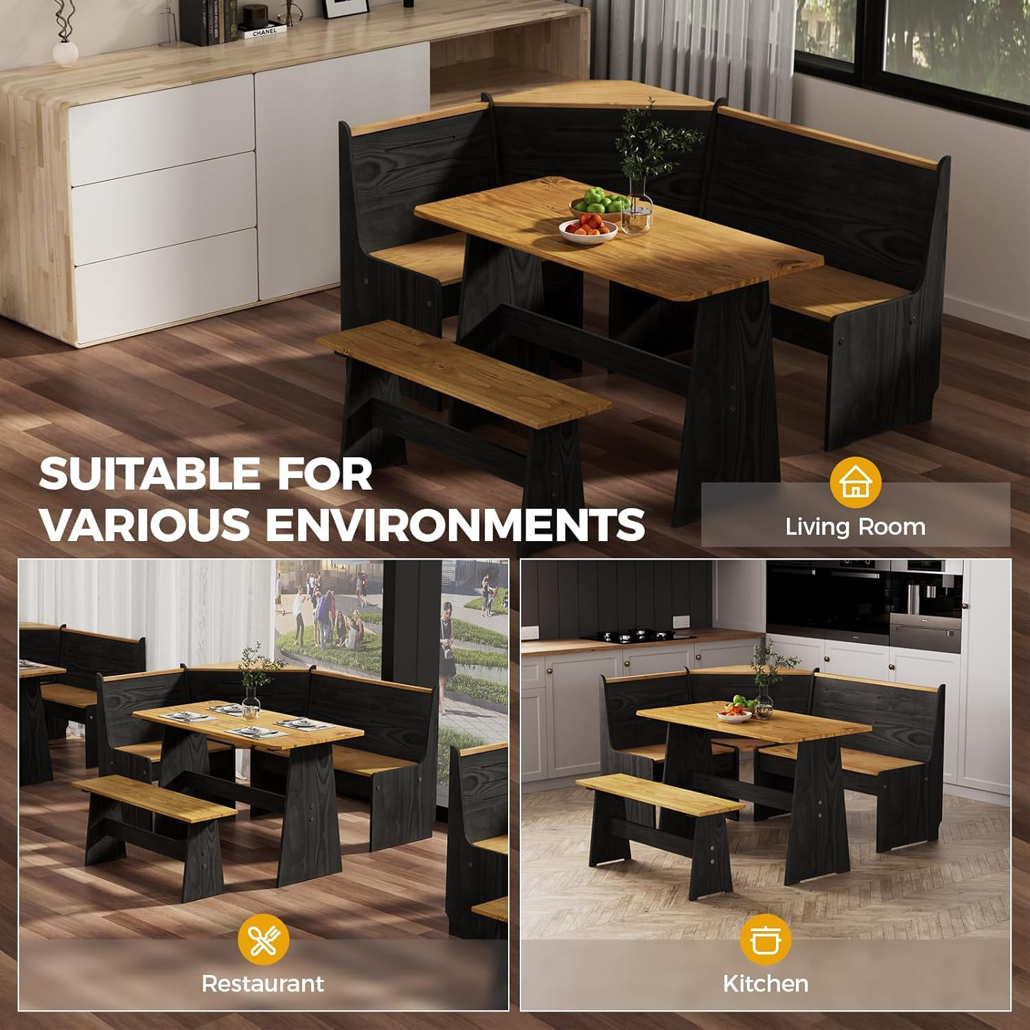 Solid Wood Corner Breakfast Nook Table Set for 4-6, Space Saving Black Booth