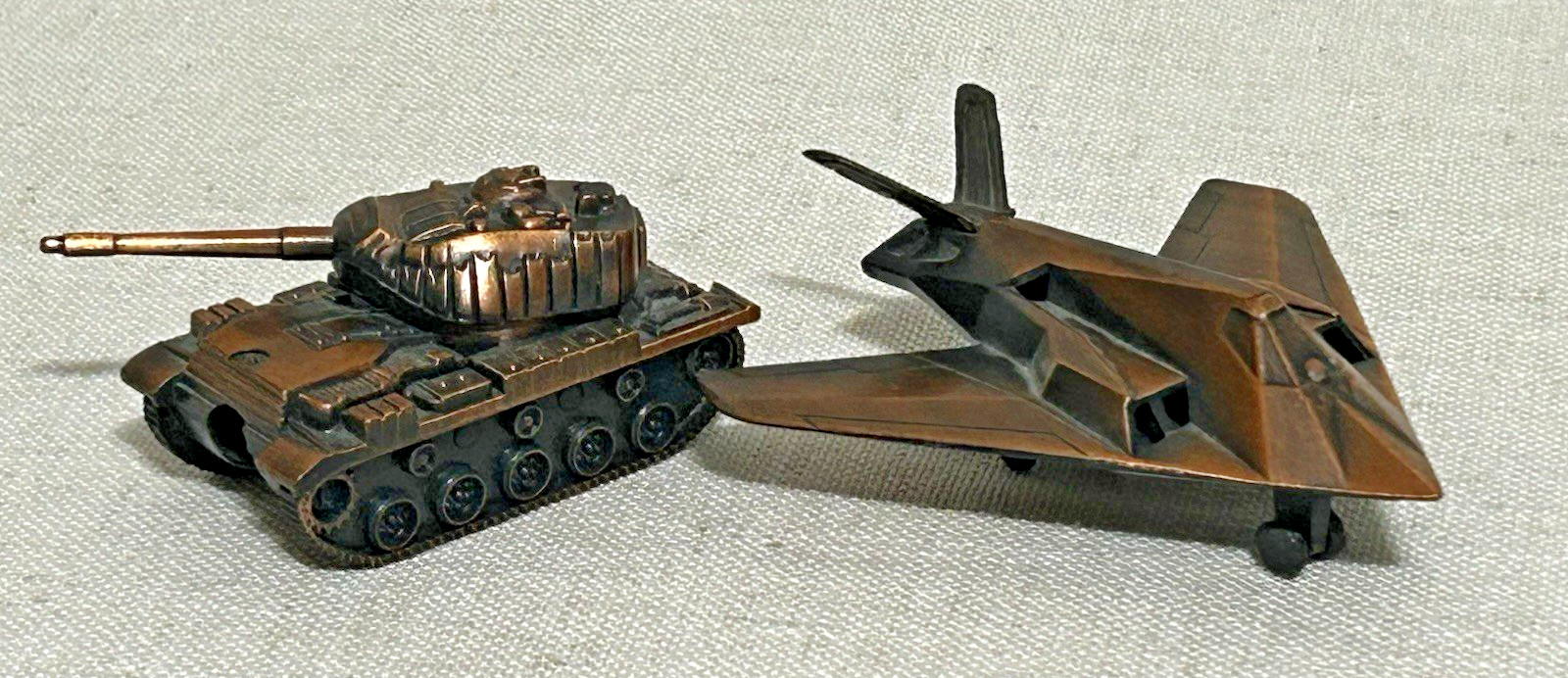 Die Cast Miniature Sherman Tank & Stealth F-117 Pencil Sharpeners Bronze Finish