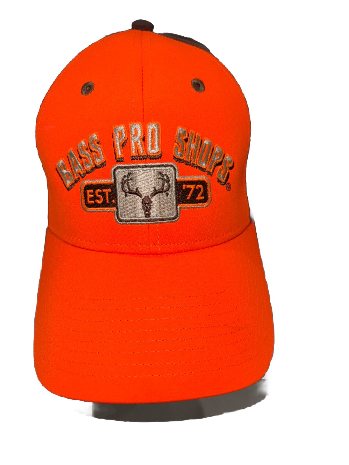 Bass Pro Shops Fluorescent Orange Front w Brown Hat Cap Hook Loop Poly Spandex