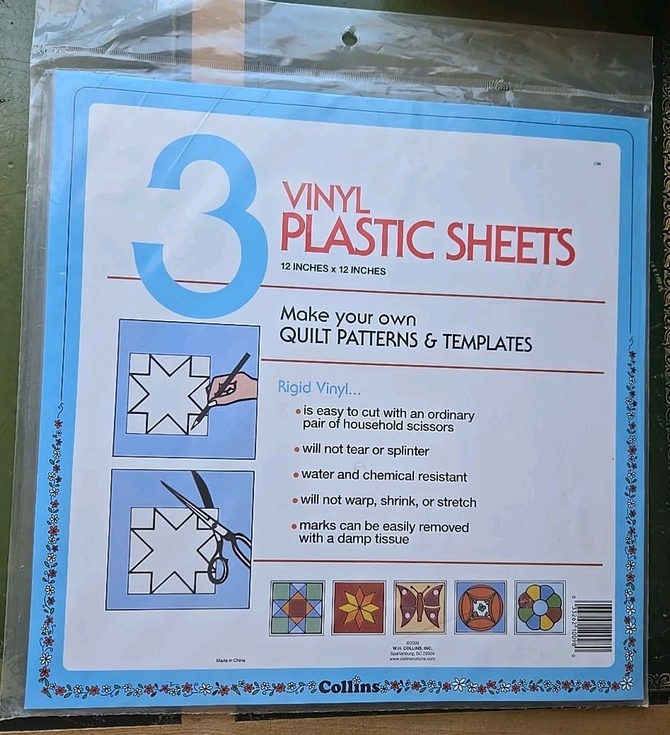 NEW 3 Vinyl Plastic Sheets Pack Quilting Patterns Templates 12" X 12" Collins