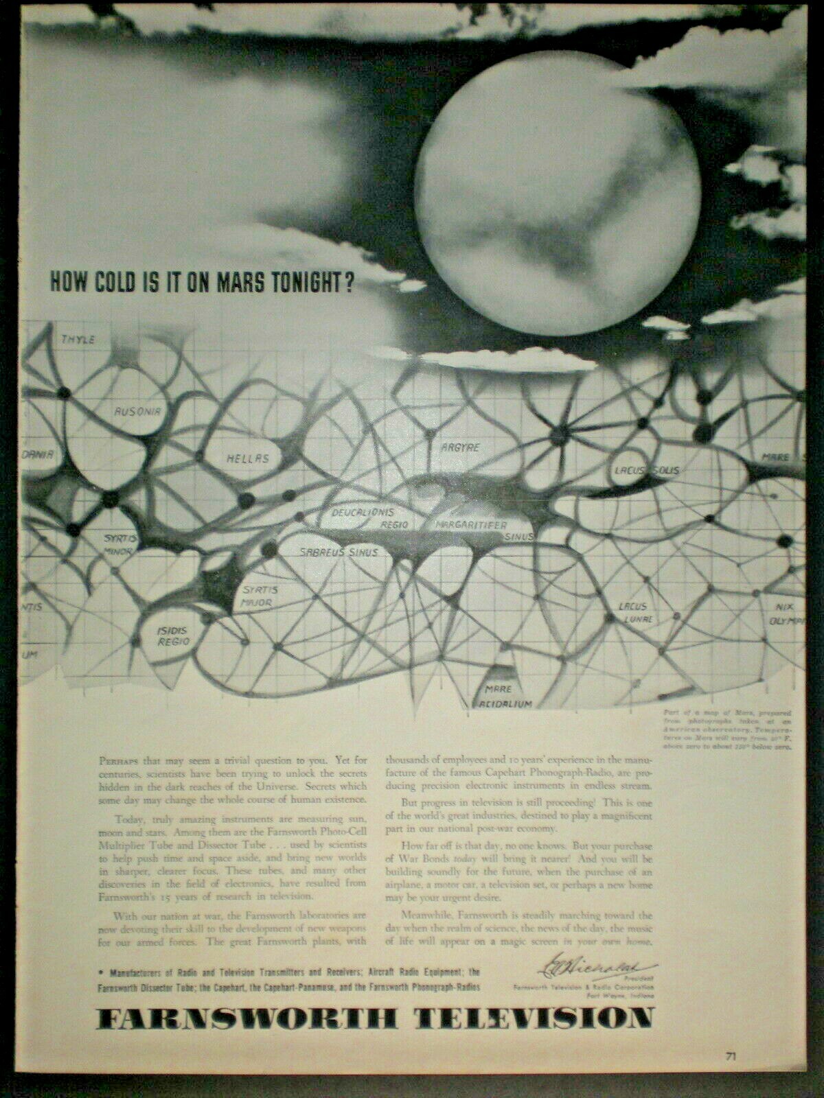 1942 HOW COLD IS IT ON MARS TONIGHT PLANET MAP vtg FARNSWORTH TV Trade print ad