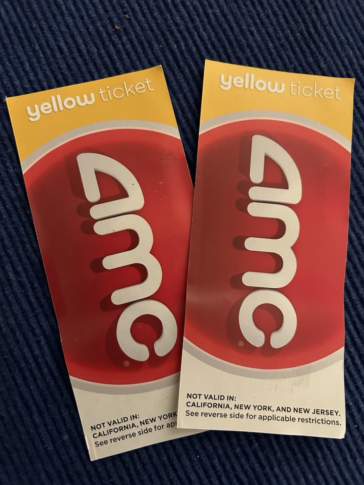 2 AMC Yellow Movie Ticket - Not Valid in: CALIFORNIA, NEW YORK and NEW JERSEY