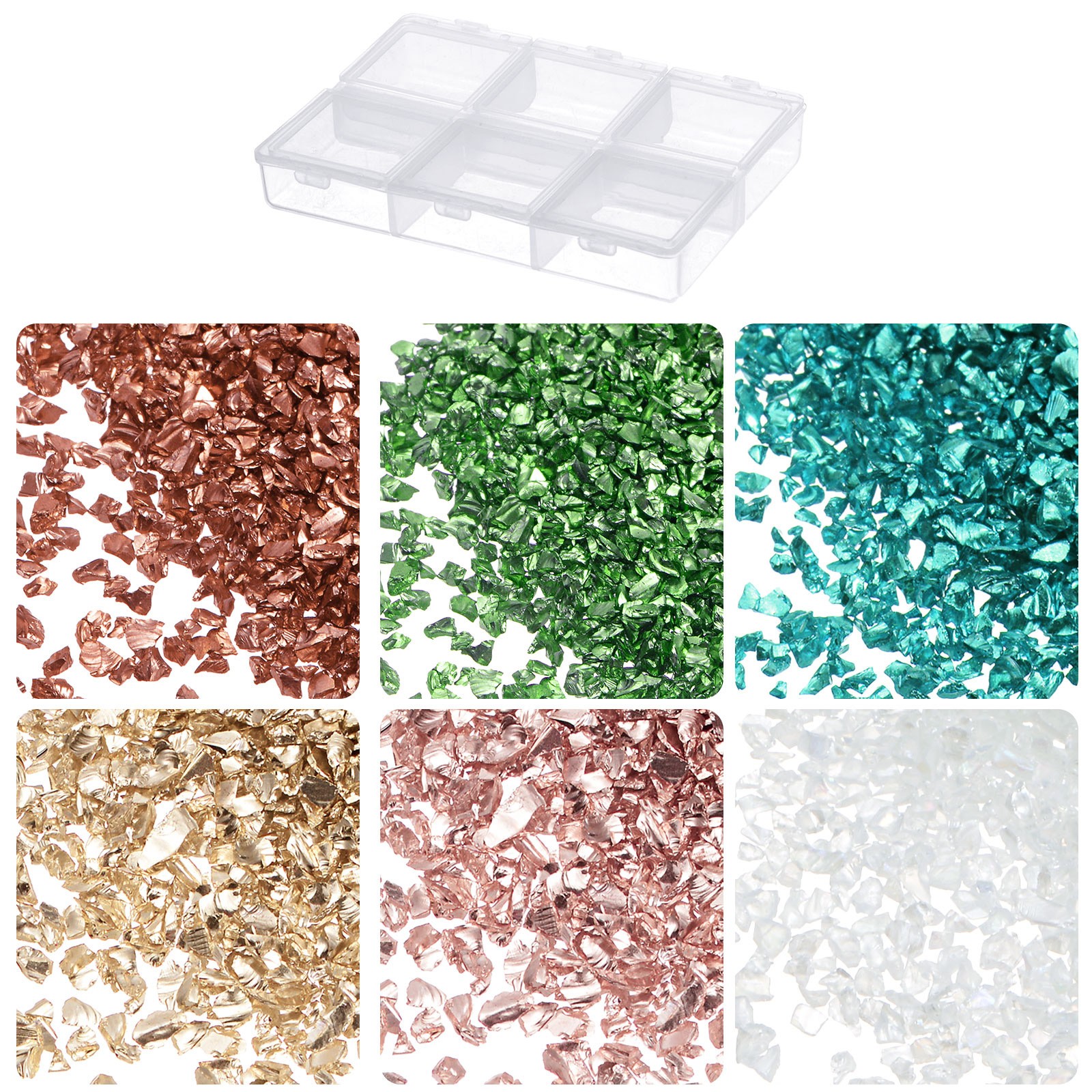 6 Colors Crushed Glass Chips 1-3mm x 33g Irregular Metallic Glass Colorful