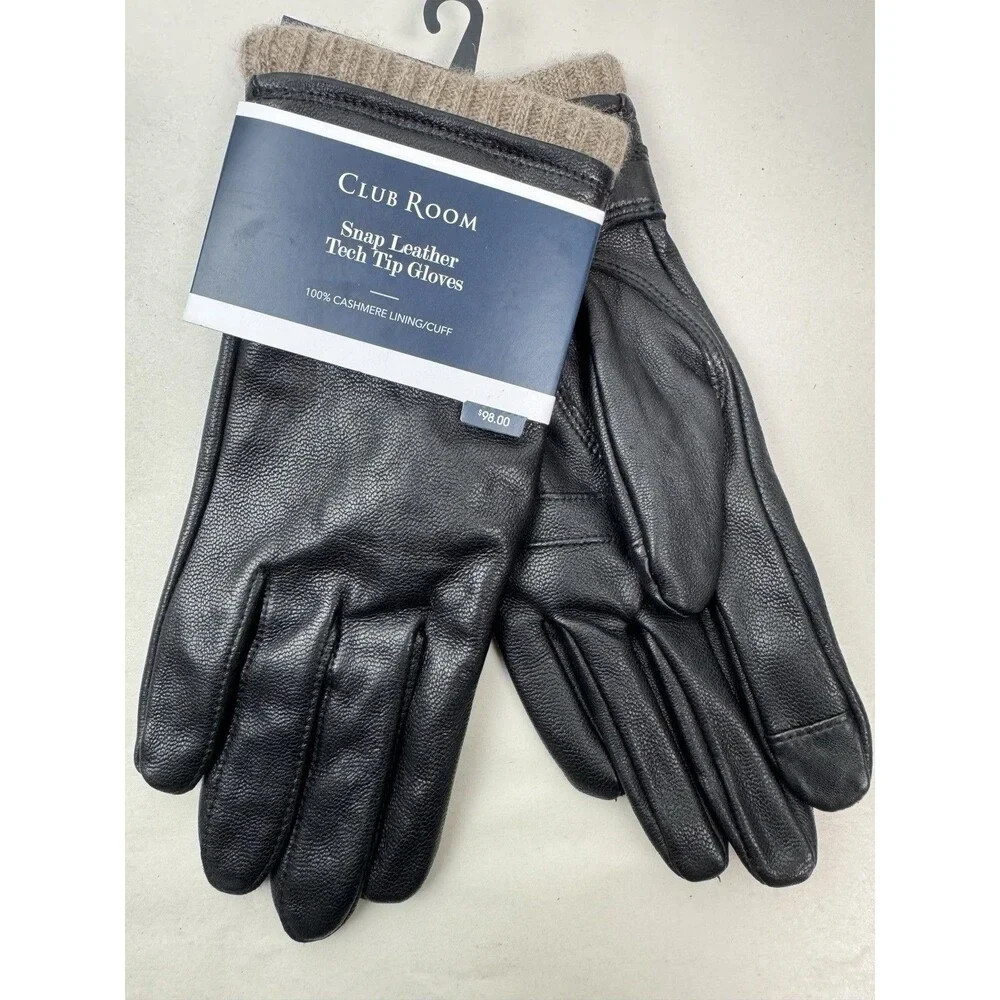 NEW Club Room Men's Snap Leather Cashmere Lined Tech Tip Gloves Black-Large #305