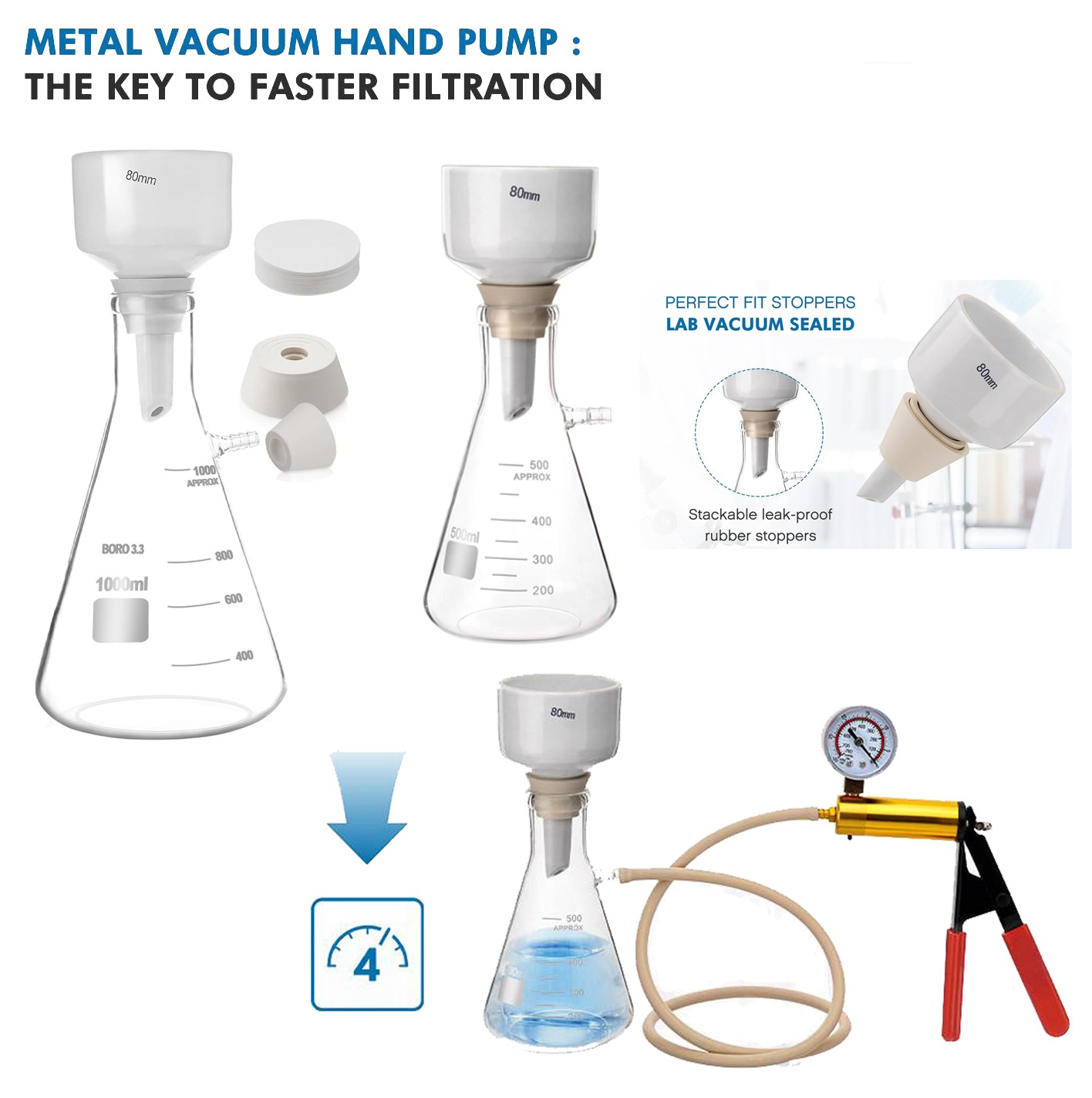 500/1000ml Buchner Funnel Flask Kit with Hand Pump Vacuum Lab Filters Optional